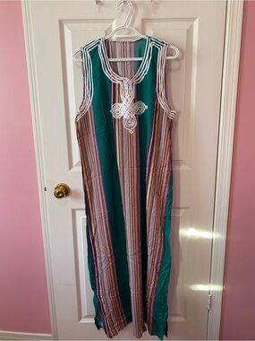 Women Summer Dress Teal Stripe Maxi Dress with Embroidered Moroccan Gandoura